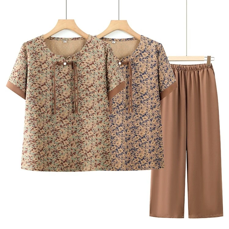 夏季时尚洋气妈妈装中老年宽松休闲碎花薄款老年人印花妈妈装夏季