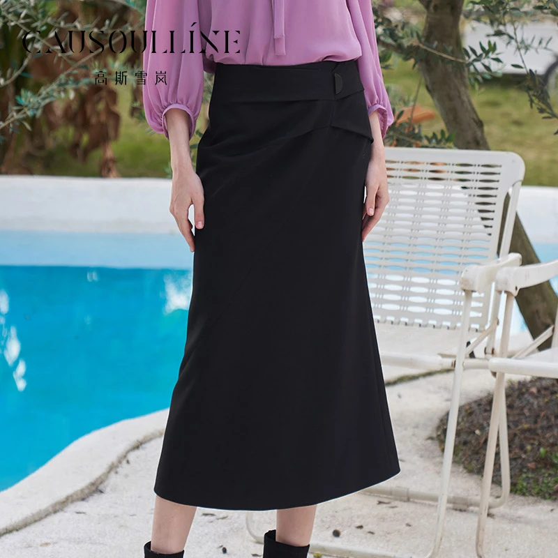 高斯雪岚【春装上新】时尚气质复古中长款纯色半身裙24119025