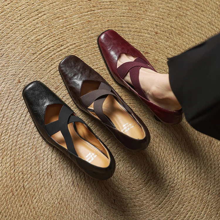 ANDER时尚复古真皮玛丽珍单鞋羊皮交叉松紧带芭蕾舞风高跟鞋女