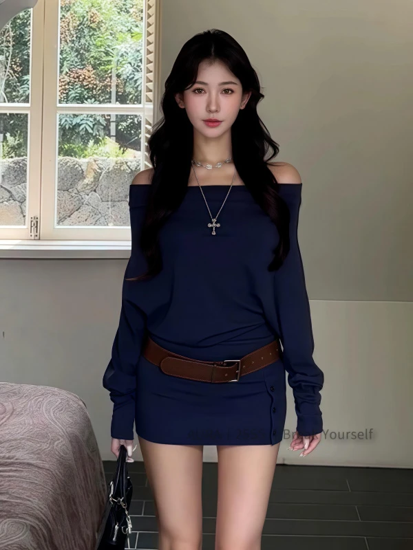 AURA 蝙蝠袖两穿连衣裙女针织坑条拼接短裙一字肩包臀裙