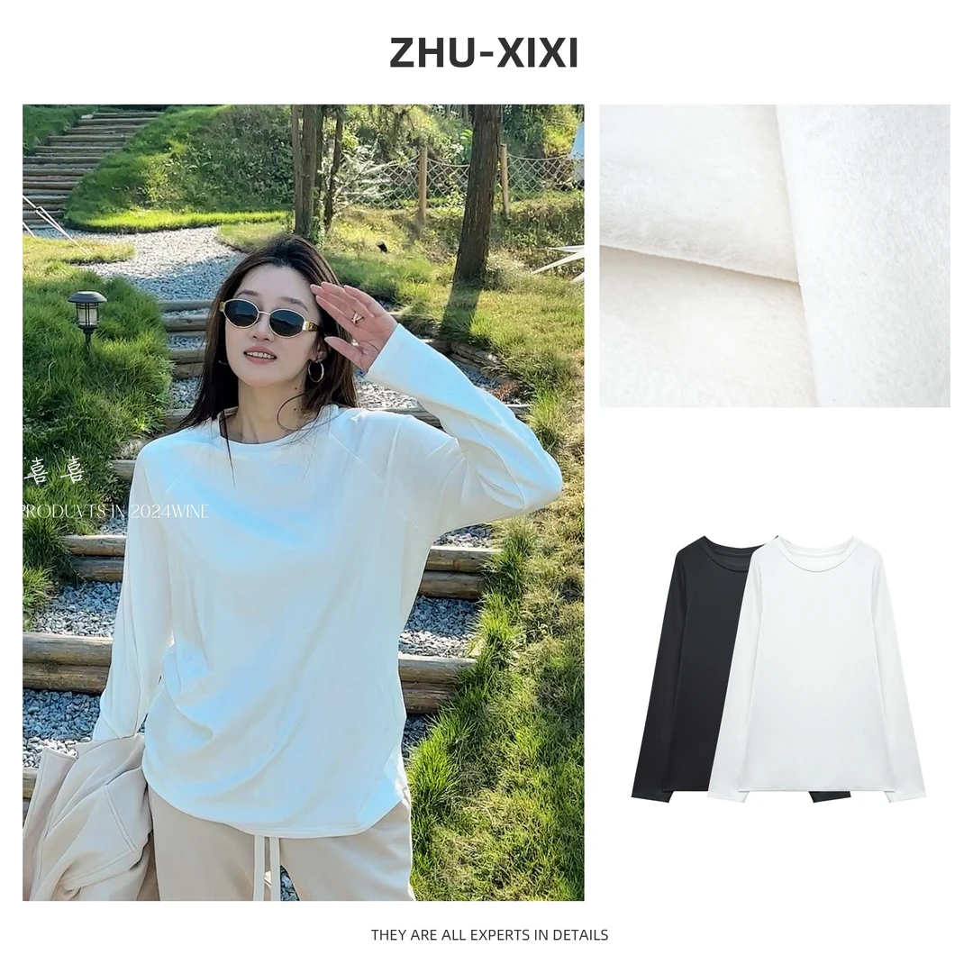 祝喜喜【休闲长袖打底T】加绒时尚白色短款百搭打底显瘦女打底