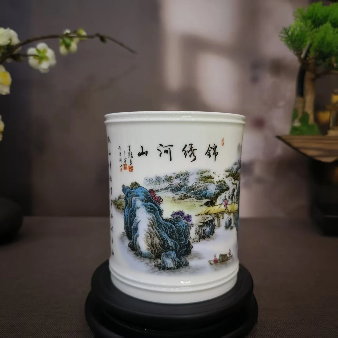 【百善瓷业】锦绣山河青绿色笔筒-GH