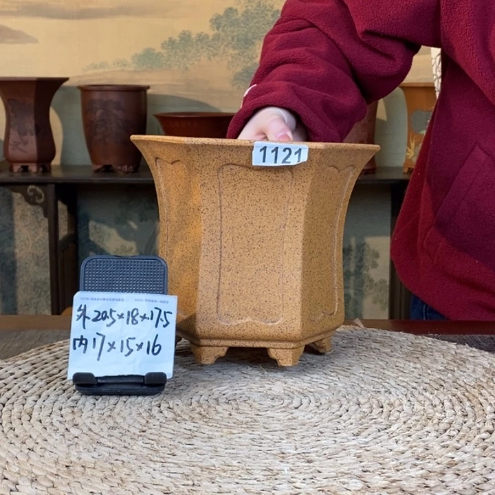 花盆紫砂  特价柴烧内奎束腰六方1121