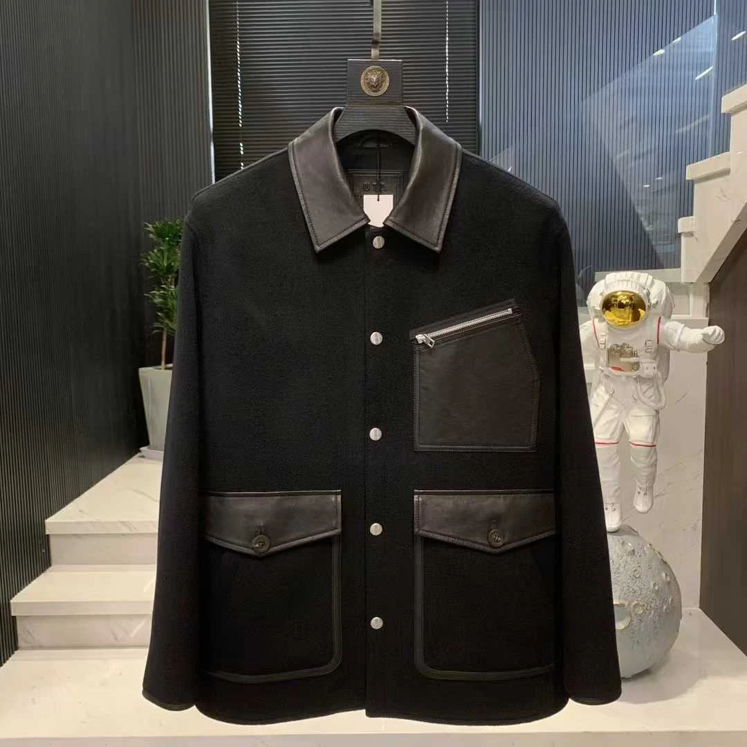 3566    新款男士高奢时尚休闲翻领羊毛配皮大衣