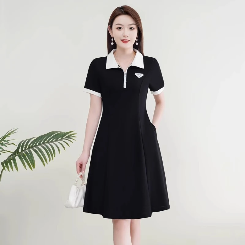 休闲气质连衣裙女中长款2025小个子收腰遮肚翻领撞色显瘦减龄裙子