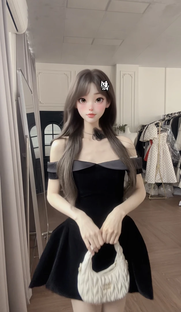 小小仟丝绒一字肩收腰黑色连衣裙