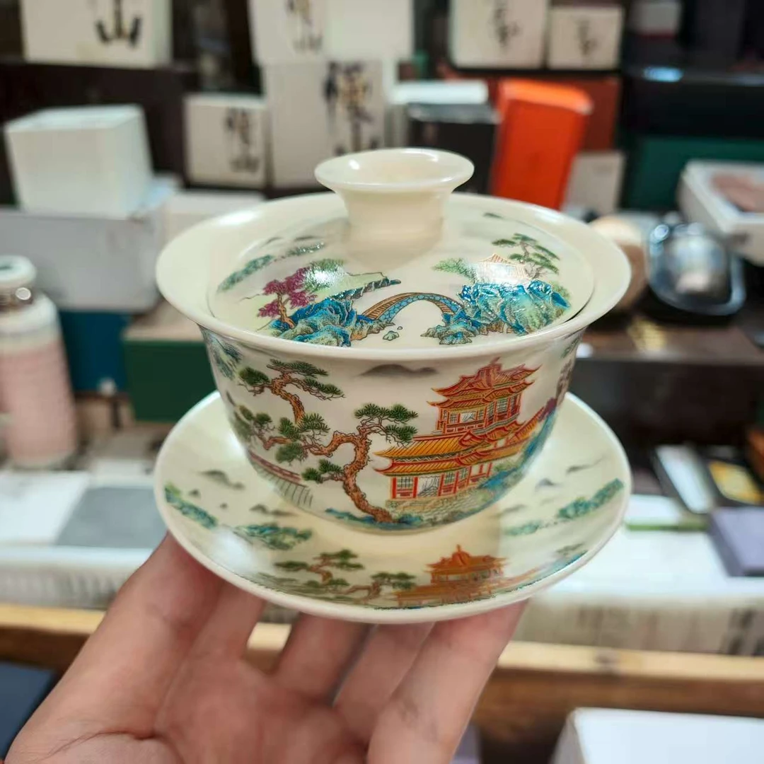 【闪购商品】亭台楼阁悬停三才盖碗6238