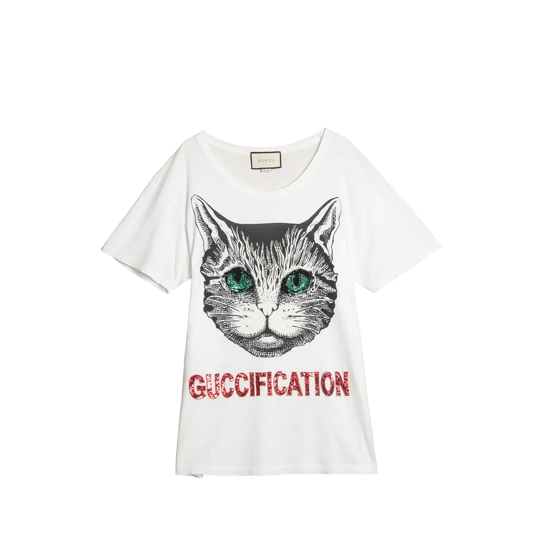 99新 GUCCI/古驰 猫咪图案白色短袖T恤 G2101