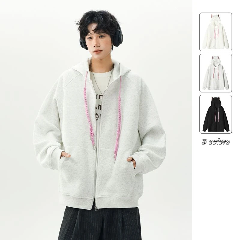 2025新款美式高街重磅猫耳朵连帽开衫卫衣男秋季百搭休闲情侣外套