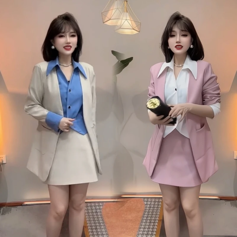 韩版气质假两件西装外套搭配半身裙简约时尚套装女春季新款假两件
