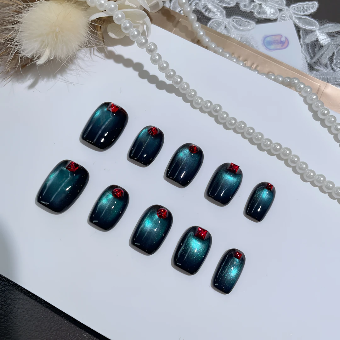 A2237『墨幽红钻』甜酷显白幽蓝猫眼猫光红钻纯手工制作穿戴甲