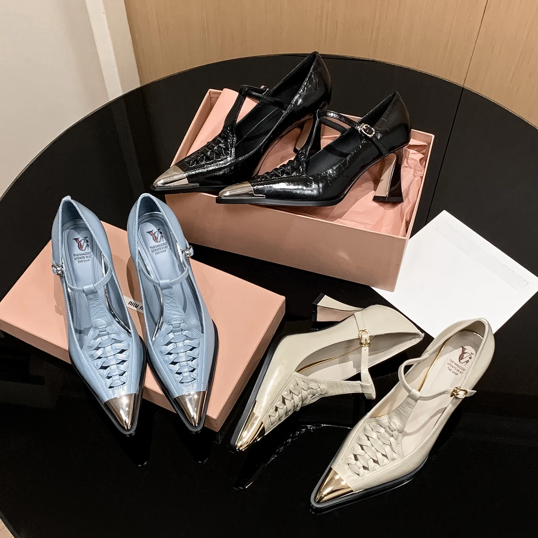 里外真皮~7cm时尚欧若风编制T型带尖头单鞋新款气质百搭高跟单鞋