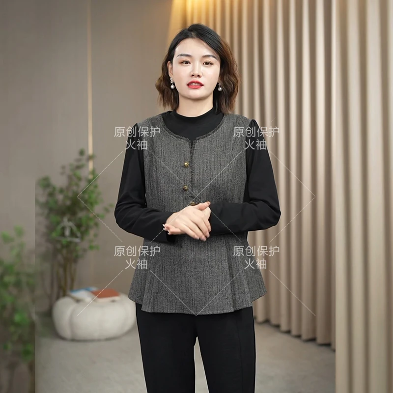 火袖F080时尚半高领上衣女2024新款宽松百搭大码长袖假两件小衫