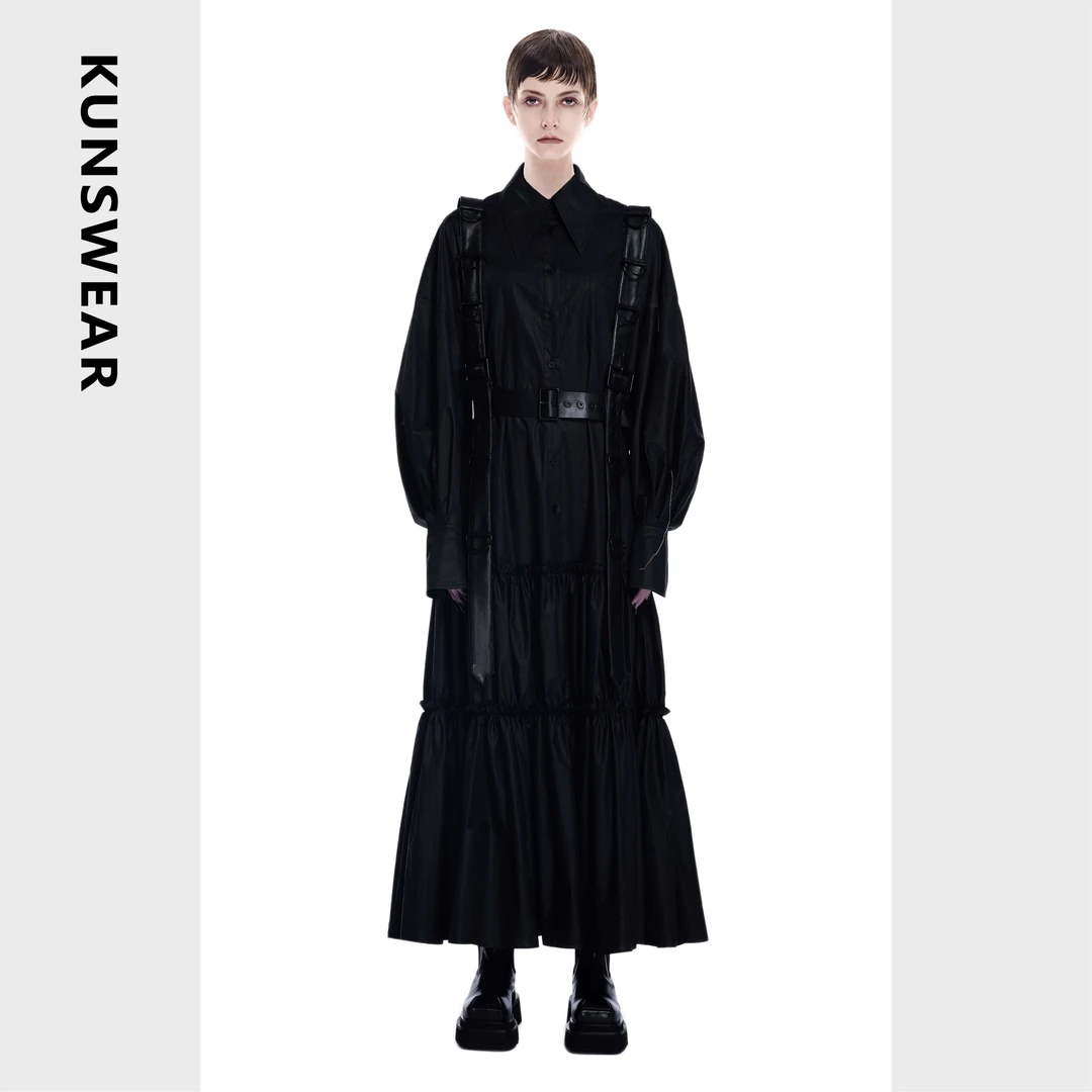 KUNSWEAR/琨丝薇尔25SP 褶皱拼接休闲宽松衬衫连衣裙女 832001040