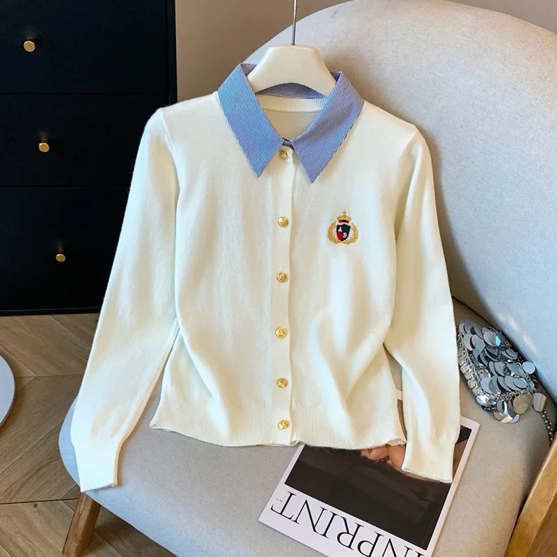 学院风拼接假两件刺绣针织开衫女秋韩版减龄百搭洋气打底毛衫9213