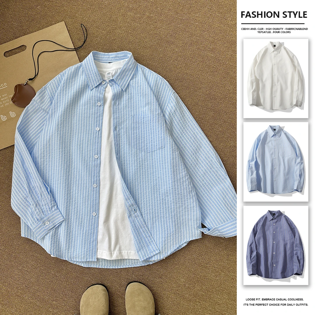 夏季百搭透气蓝色衬衫舒适亲肤宽松条纹泡泡纹肌理感情侣宽松外套
