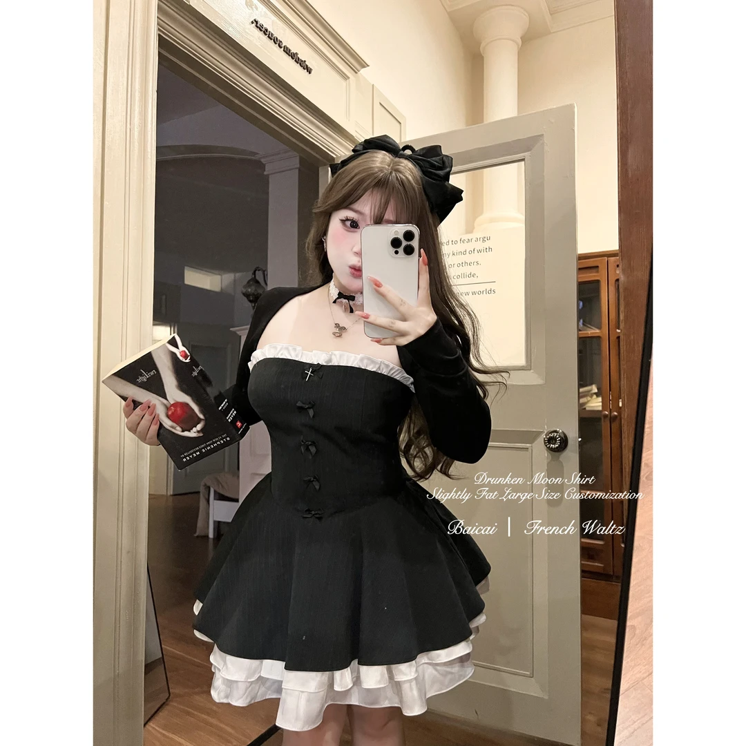 白菜【圆舞曲】大码微胖黑色抹胸连衣裙蛋糕蓬蓬裙生日礼服裙