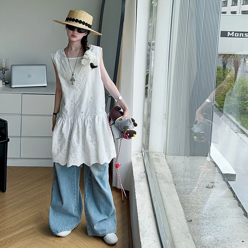 女童夏装套装2025新款儿童时髦洋气女大童夏季蕾丝背心裙子三件套