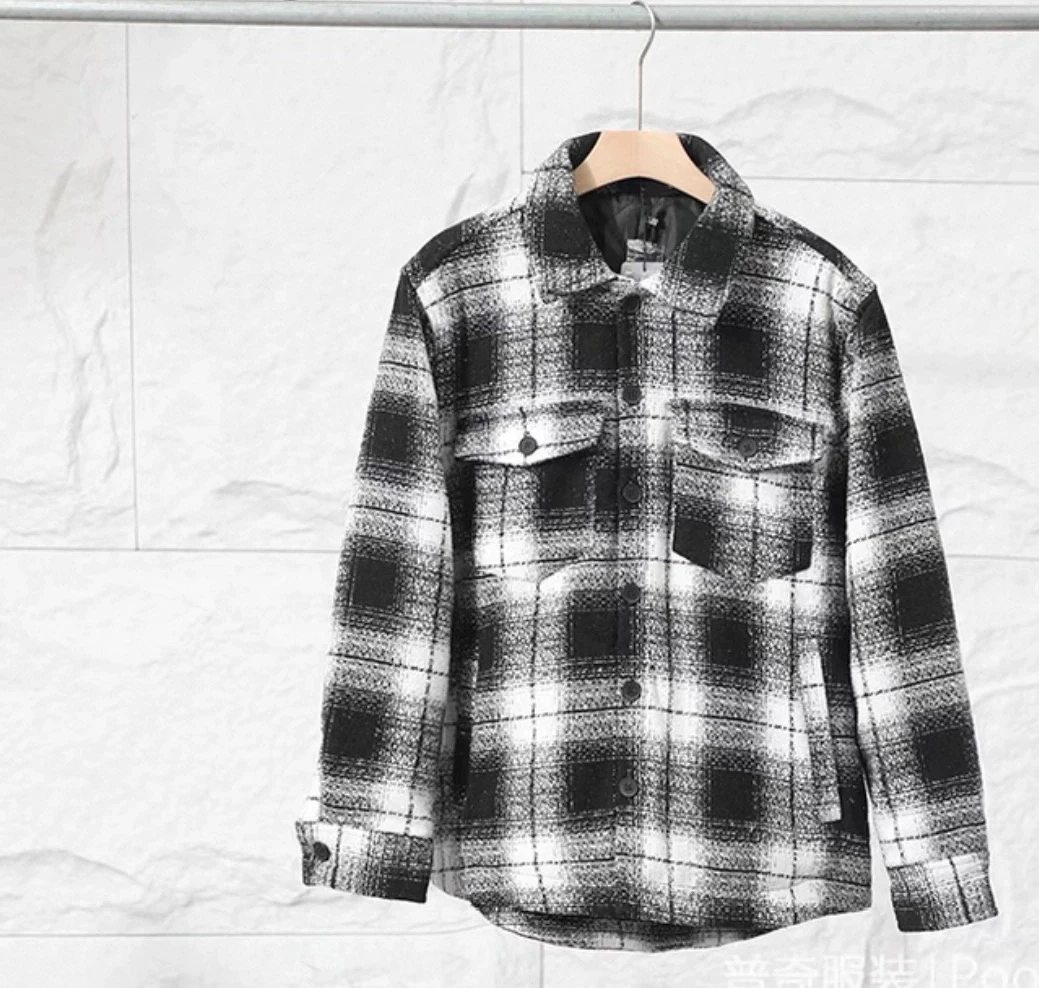 黑白格纹衬衫领加棉厚户外外套运动情侣防风登山秋冬休闲春秋