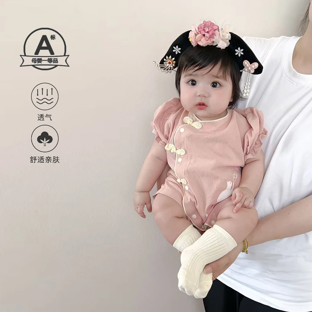 夏季婴儿衣服薄款新中式国风短袖连体衣周岁小月龄女宝宝外出爬服