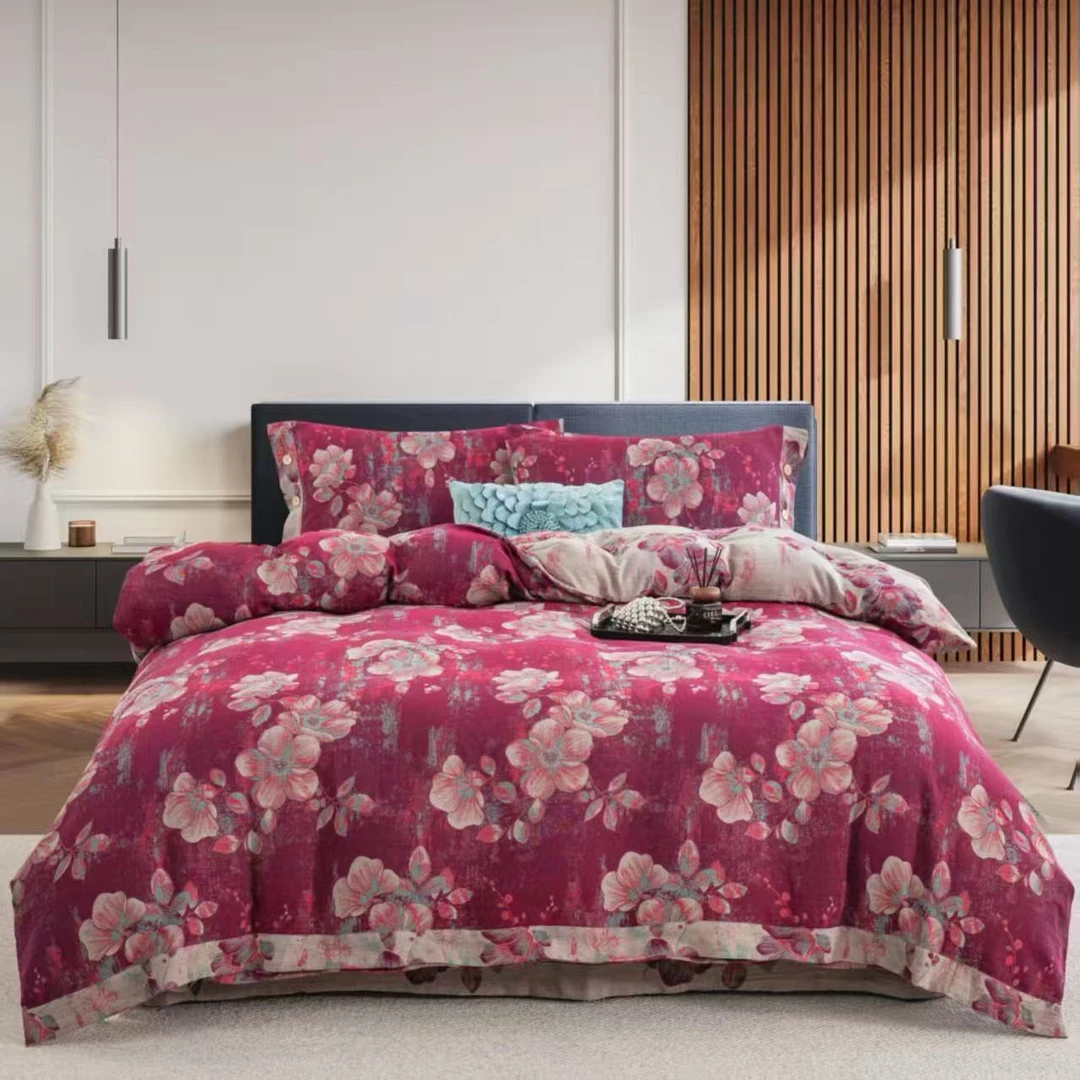 【新款-胭脂花影】全棉A类复古色织提花双层纱四件套亲肤超柔加厚