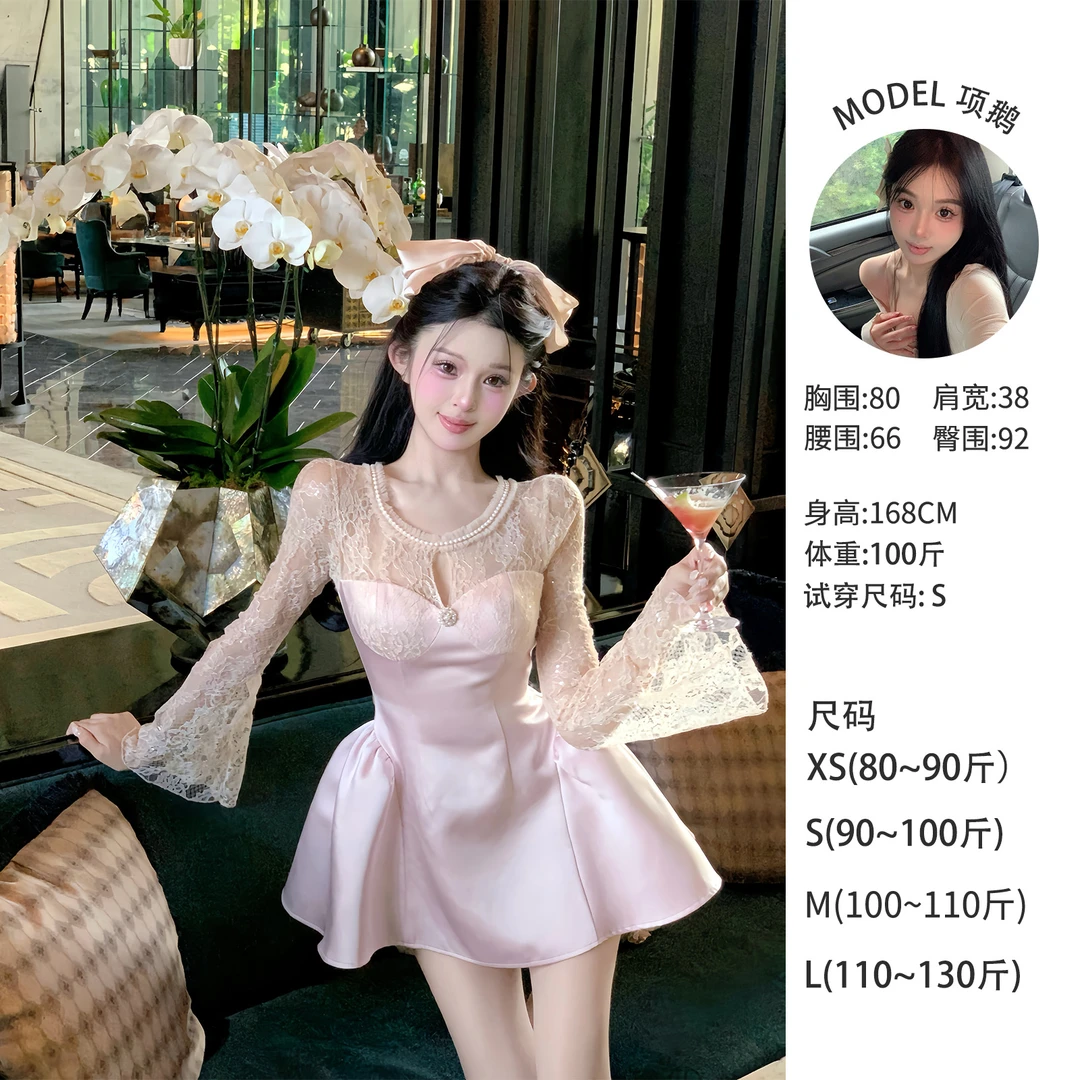 天鹅er【浮世浪漫】2025春款长袖蕾丝缎面轻奢法式假两件E25Q0080