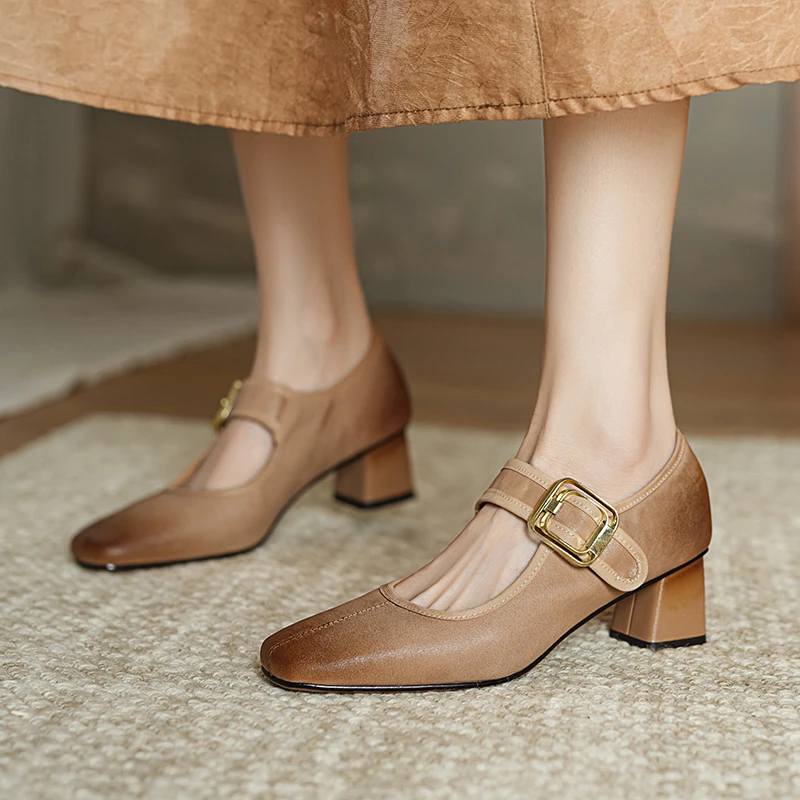 牛皮4.5公分/法式复古粗跟一字带玛丽珍鞋中跟浅口百搭方头单鞋