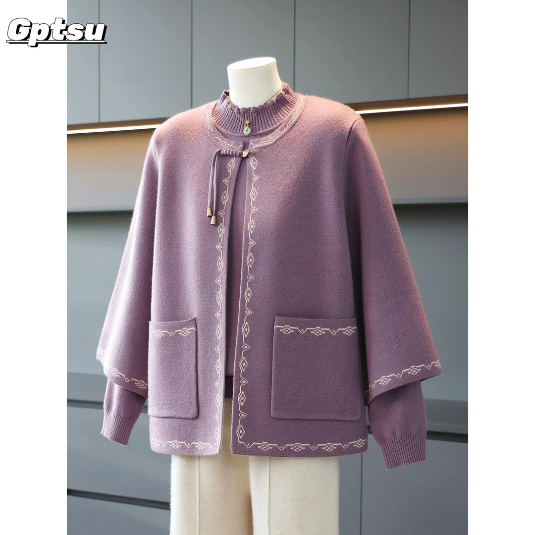GPTSu妈妈秋装两件套针织衫上衣2025新款中老年装新中式开衫毛衣