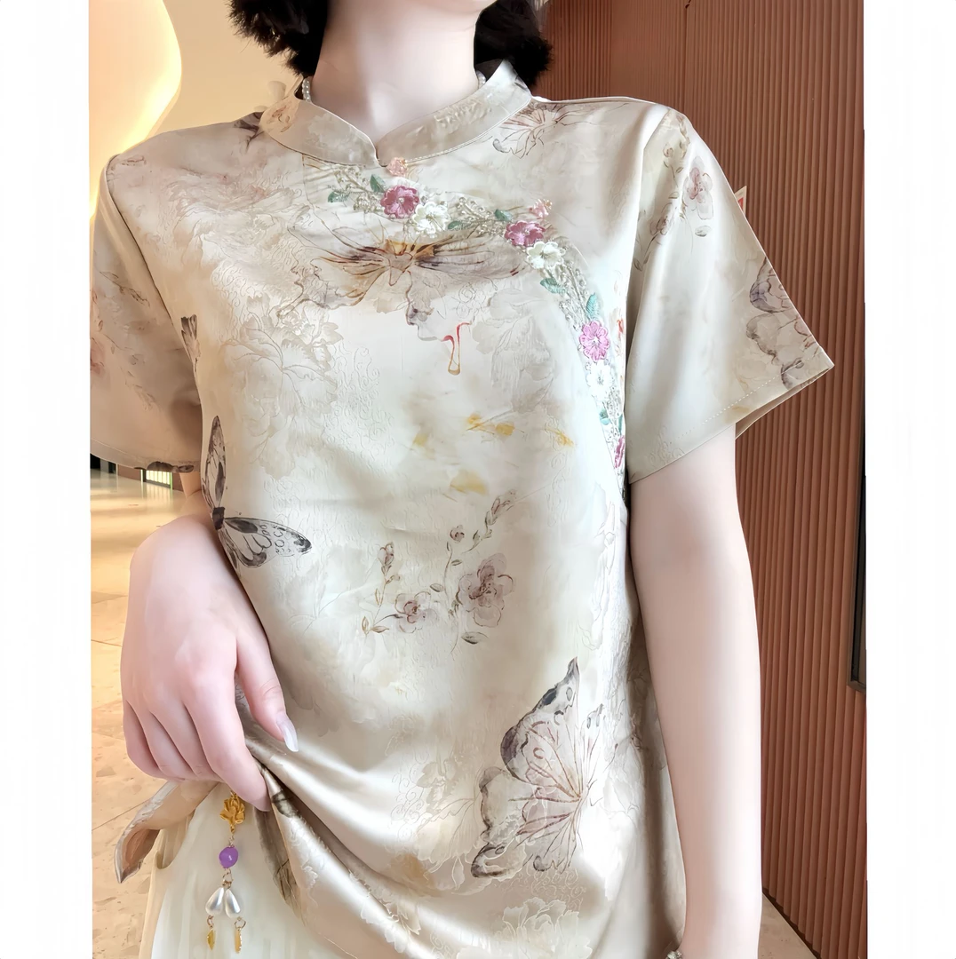 【絮柔蔓】短袖显瘦飞飞袖宽松型复古时尚气质T恤立领新中式夏季