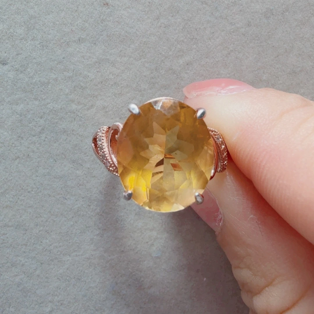 黄晶戒指银S925镀金镶嵌国首质检