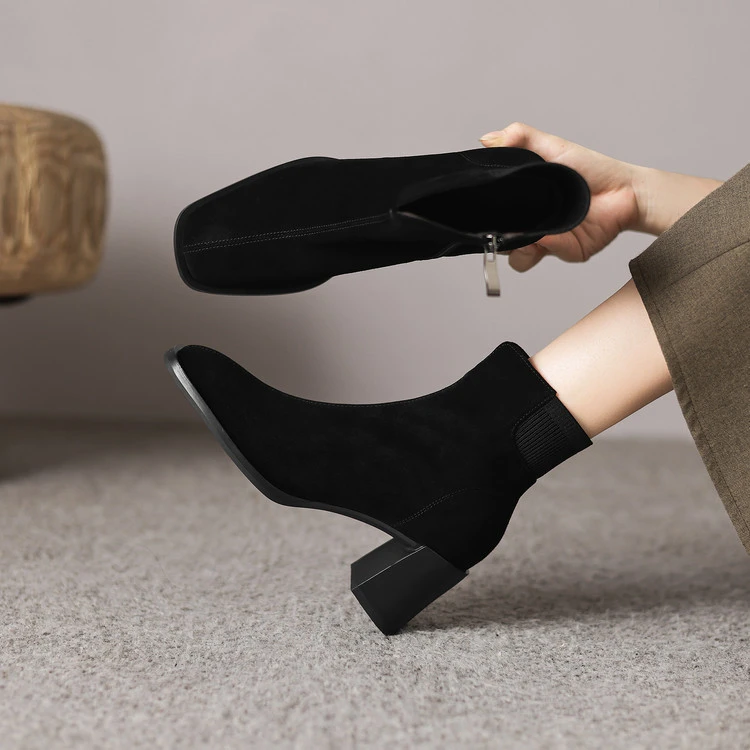 6.5CM羊反皮，侧拉链时装靴防水台靴子瘦瘦靴百女女士尖头粗跟绒面