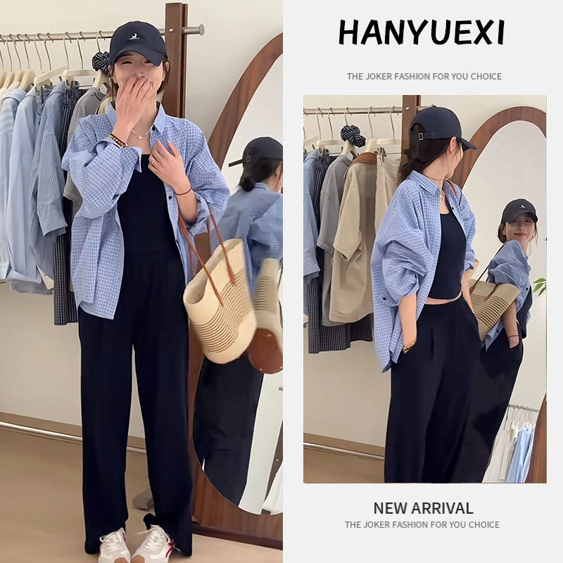 夏季时尚一整套女装2025新款韩版吊带格子百搭衬衫休闲裤三件套潮