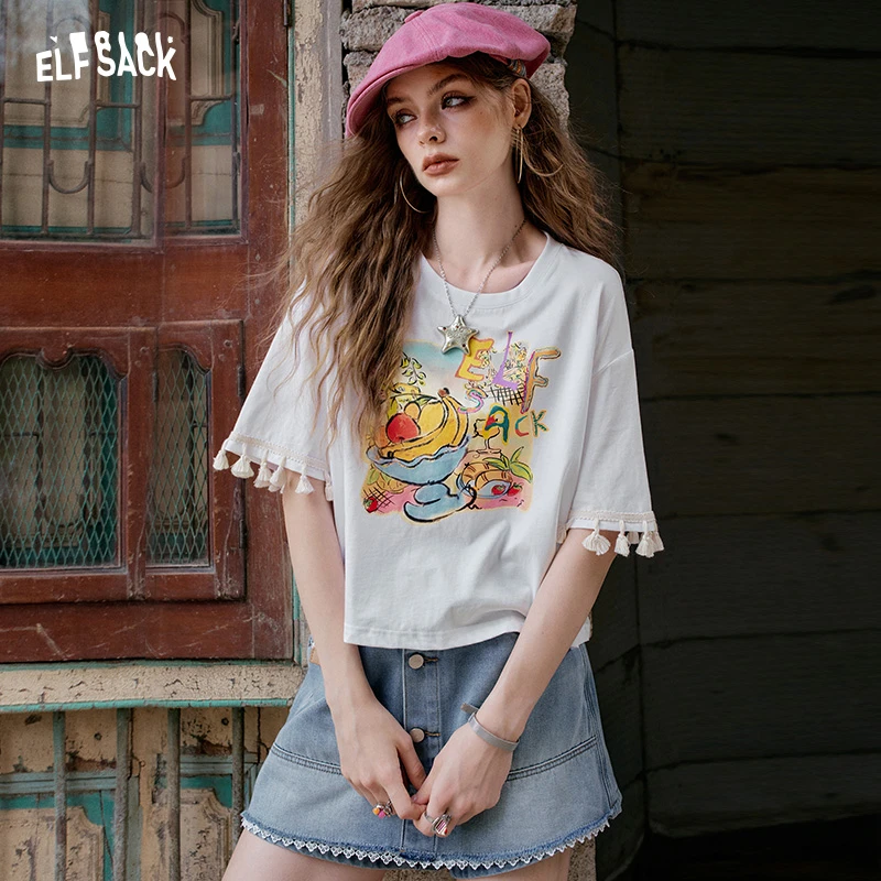 妖精的口袋卡通印花流苏短袖t恤女2025夏新款宽松休闲设计感上衣