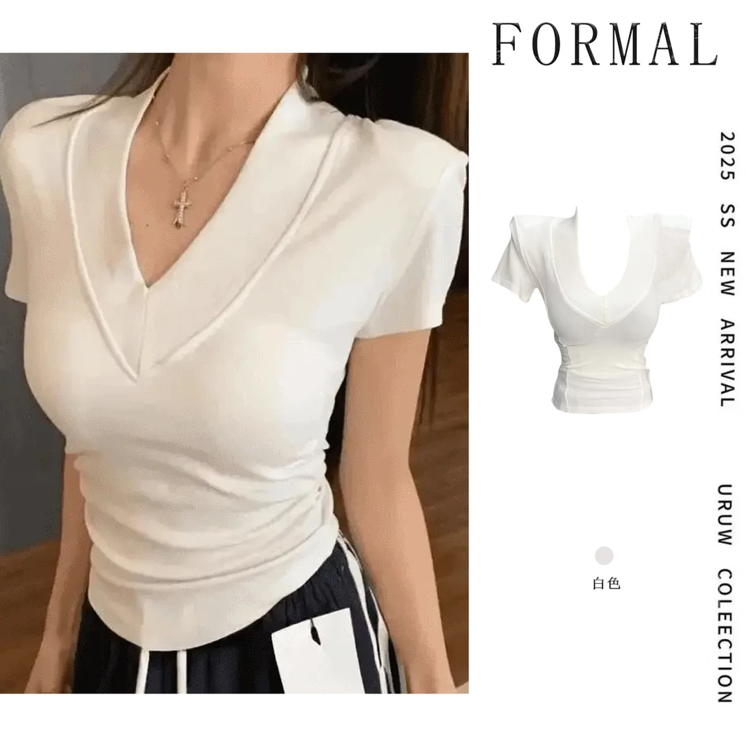 夏季新款洋气显瘦短袖T恤女时尚百搭V领ins风t恤简约修身褶皱上衣
