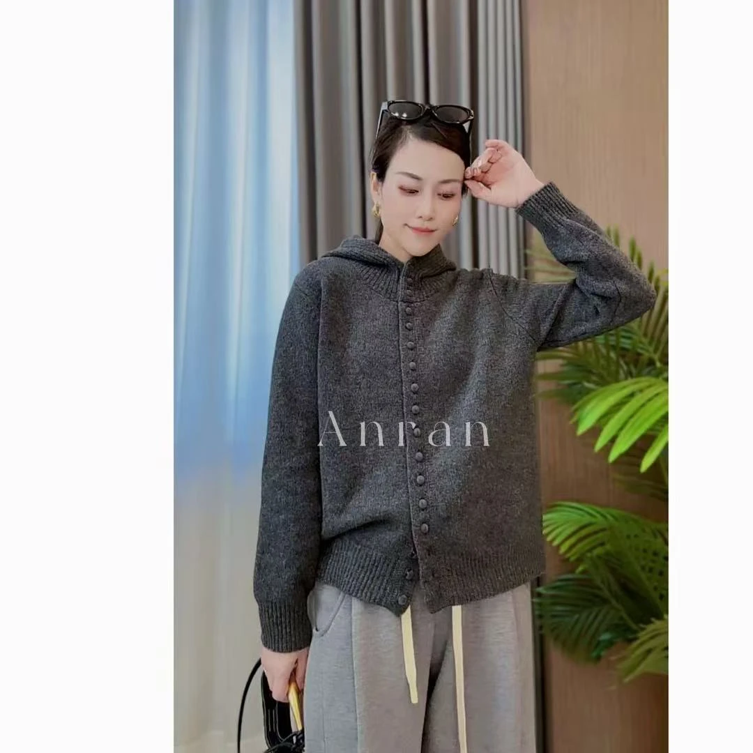 安然家 3362冬季设计色款时尚休闲简约针织扣子连帽纯羊毛开衫