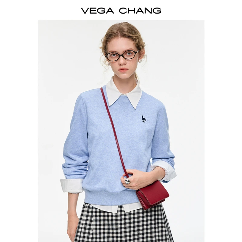 VEGACHANG【蓝漾学院】浅蓝刺绣卫衣女2025新款秋季清上衣0177JQ