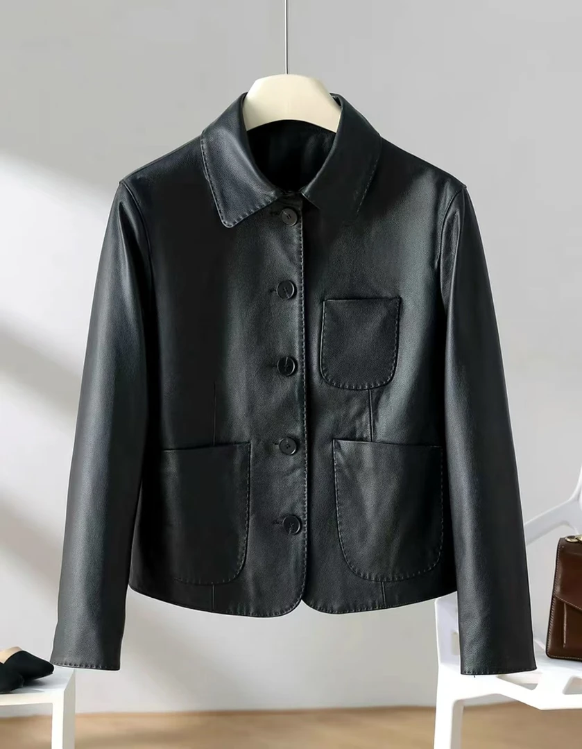 2025年春秋新款百搭方领高级牛皮衣女外套真皮时尚简约休闲-2529