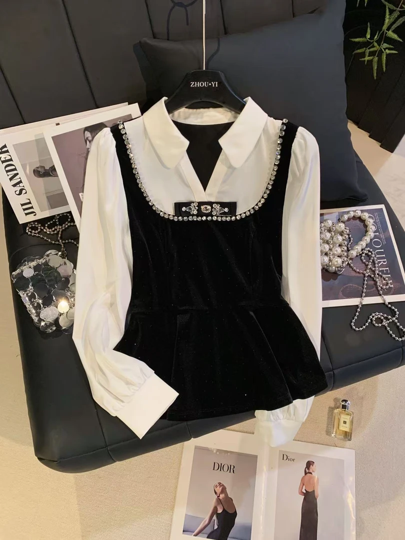 ZHOUYI/周一 2025秋冬厚款黑白拼接丝绒针织衫复古优雅显贵气套装