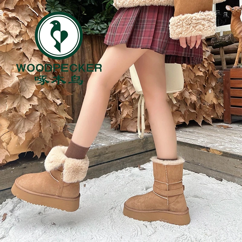 啄木鸟两穿雪地靴2025年新款加绒加厚保暖棉鞋毛毛短靴东北雪地棉