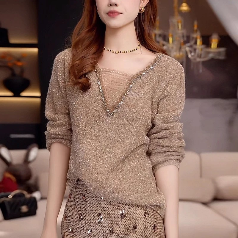 烫钻v领肌理感温柔气质长袖针织衫女秋季新款内搭打底设计感毛衣