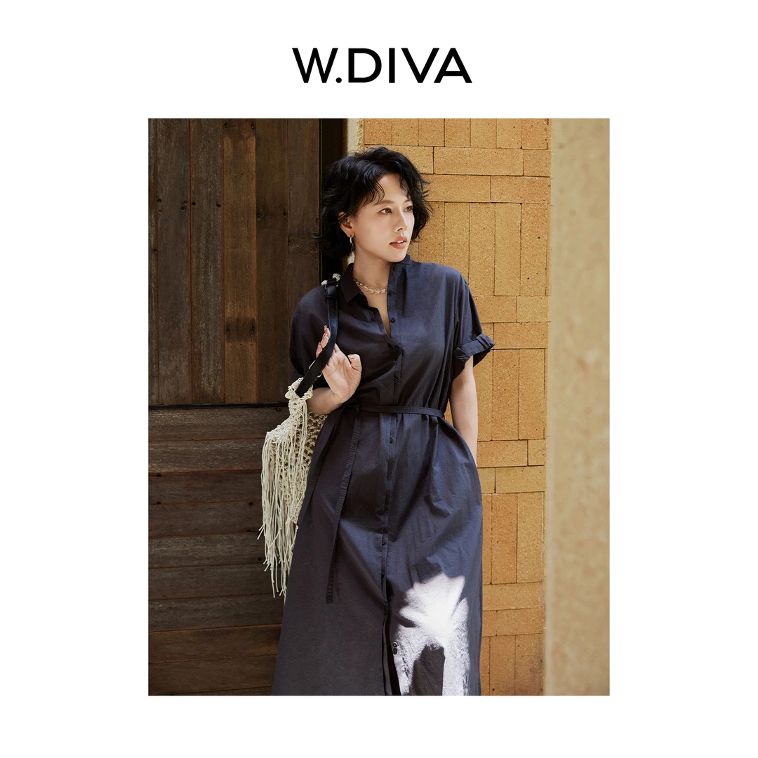 W.Diva【风轻云淡】文艺手工卷褶短袖小方领衬衫连衣裙52D112293