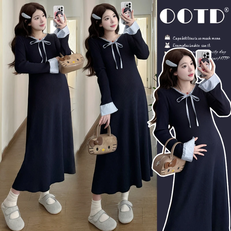 孕妇装连衣裙冬季2025新款孕妈法式穿搭秋冬装花边裙子高级感套装