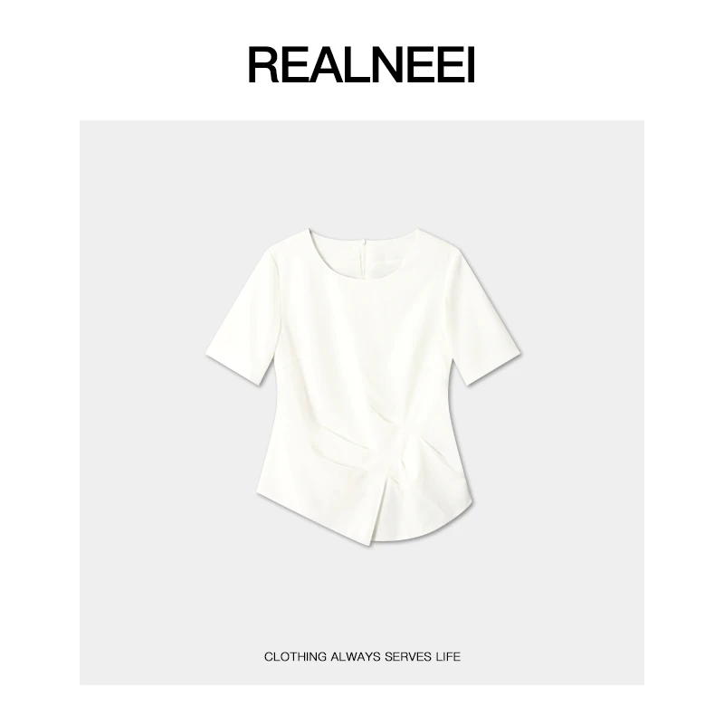 REALNEEI【】极简休闲不规则立裁收腰捏褶空气层短袖T恤22385