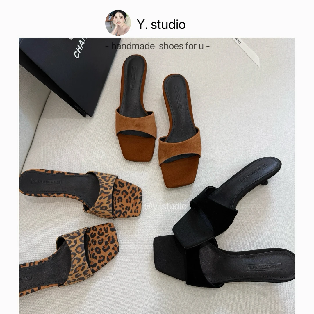 3.5cm细跟｜时尚豹纹法式方头一字凉拖鞋气质显瘦