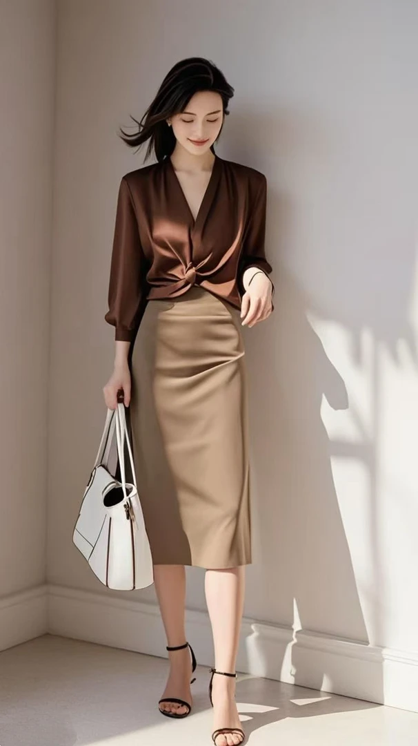 SS1013时尚气质咖色v领短款衬衫女款高级感减龄衬衣半裙套装