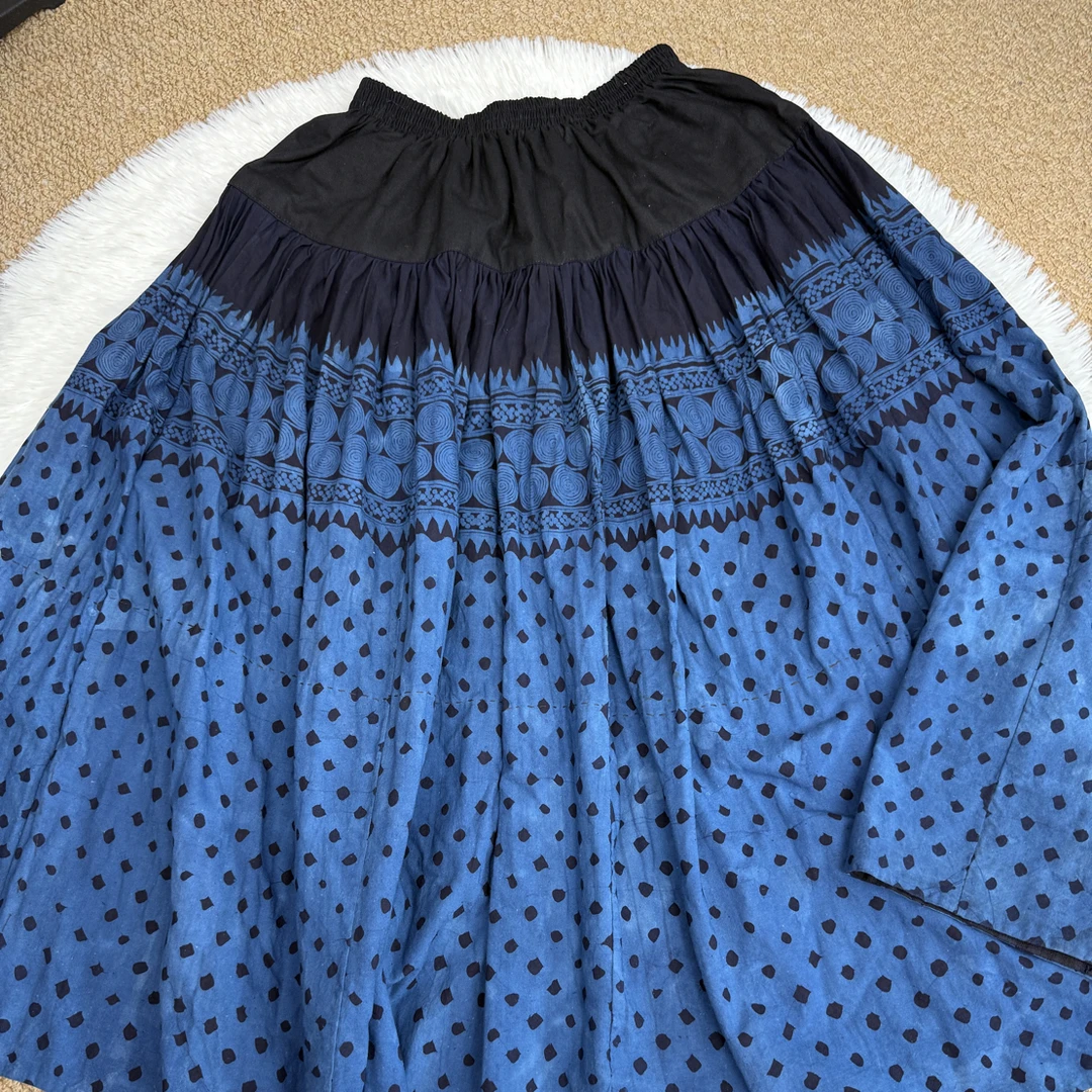 民族风纯手工老蜡染拼接拼色松紧腰复古百搭显瘦a字版半身裙