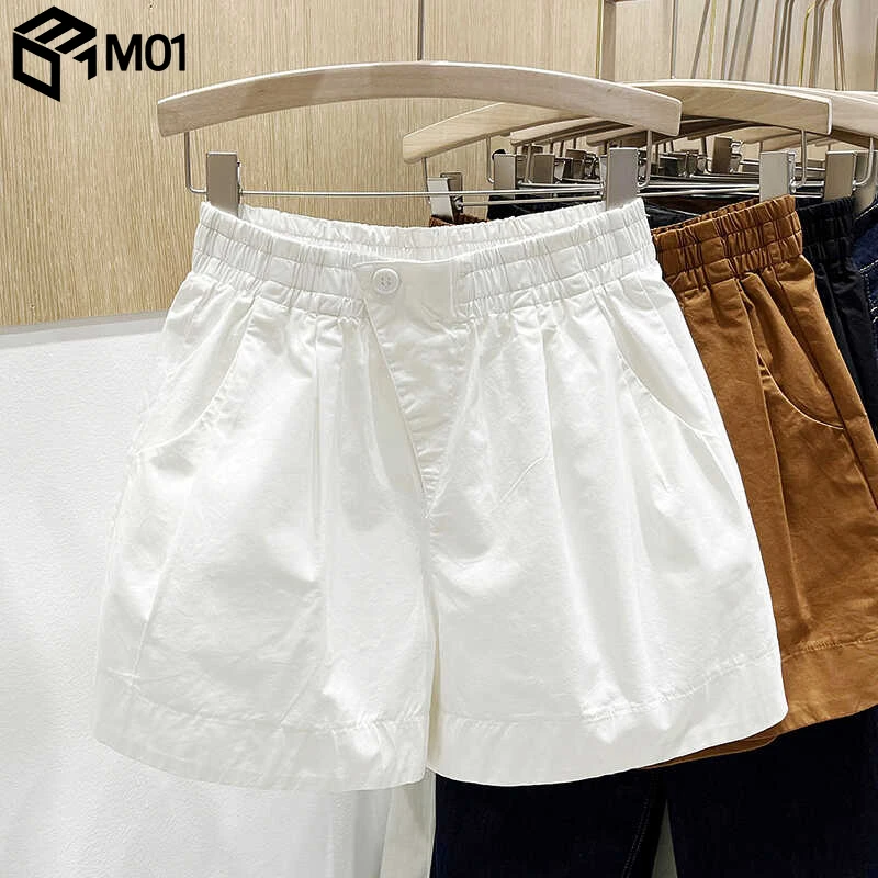 M01白色松紧腰短裤女2025夏季新款休闲百搭a字宽松显瘦阔腿裤热裤