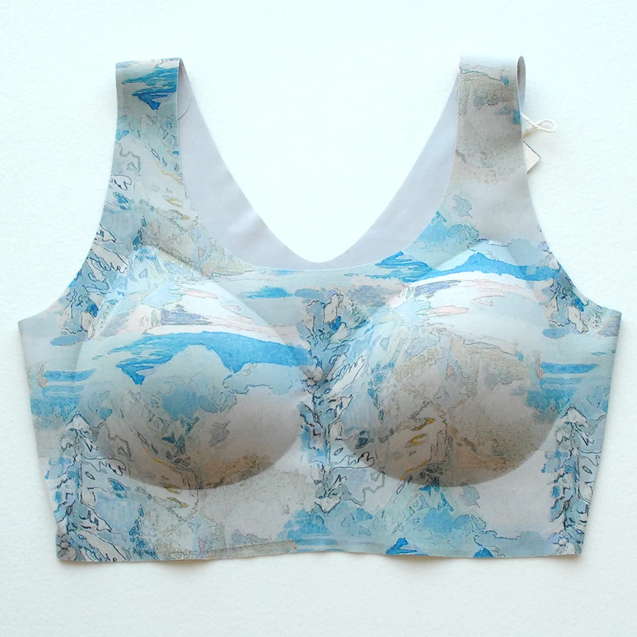 画内薄款无痕文胸隐形背心大胸显小无钢圈女胸罩内衣薄裸莫奈湖