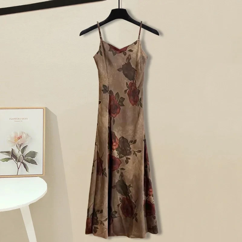 8522夏季新款干枯玫瑰夏季复古显瘦印花长款百搭气质宽松连衣裙