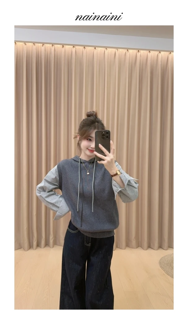 奈奈妮【柏林秋日】针织假两件上衣女2025秋冬拼接连帽百搭25602